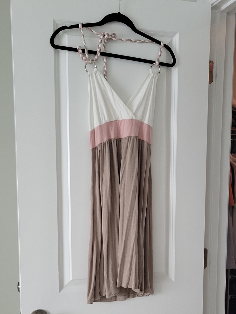 Women’s Colorblock Halter Nightgown - White, Pink & Taupe